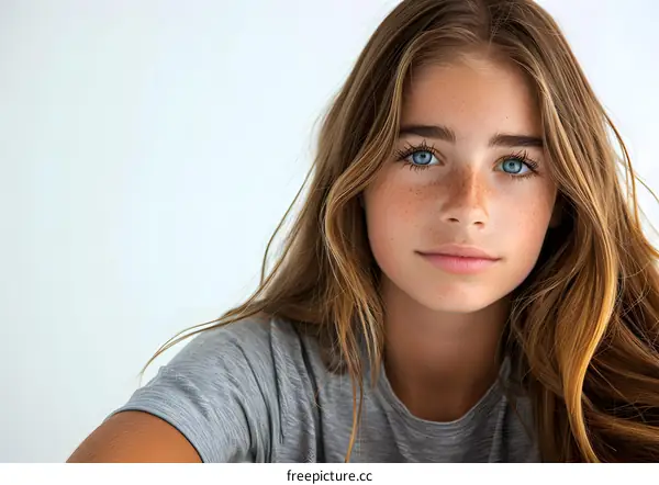 Portrait of a young girl with freckles and blue eyes