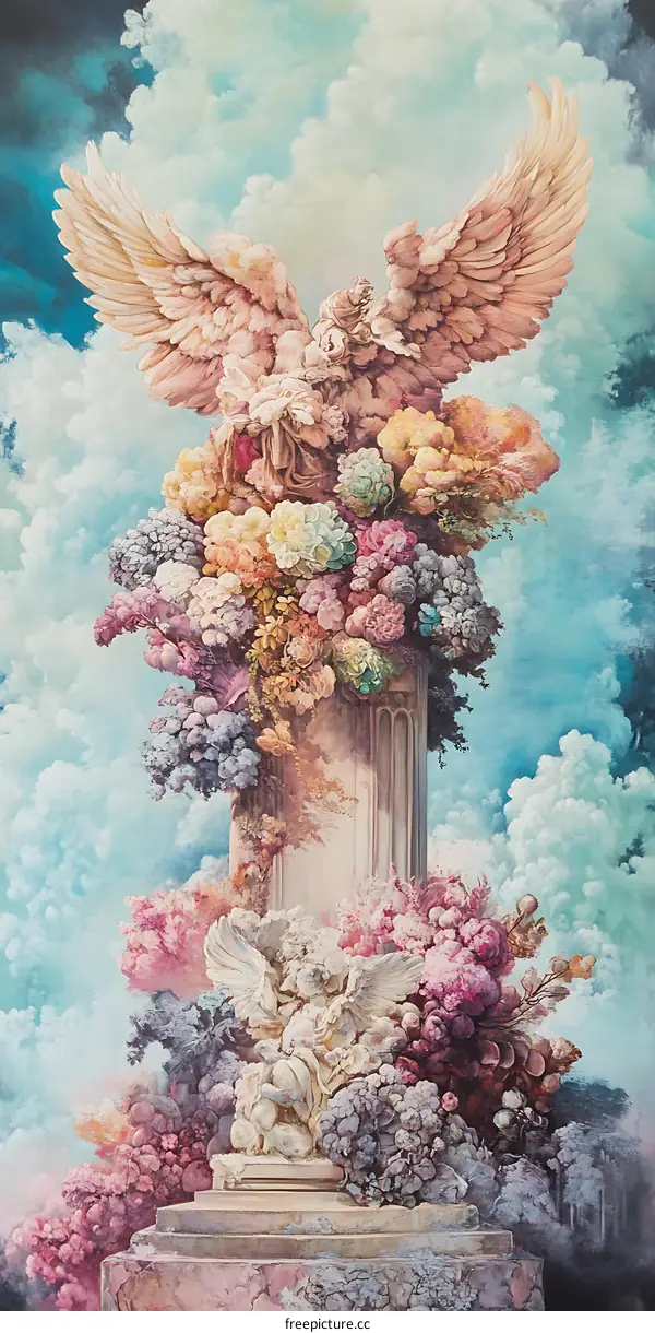 Angel Wings and Flowers in a Surreal Setting