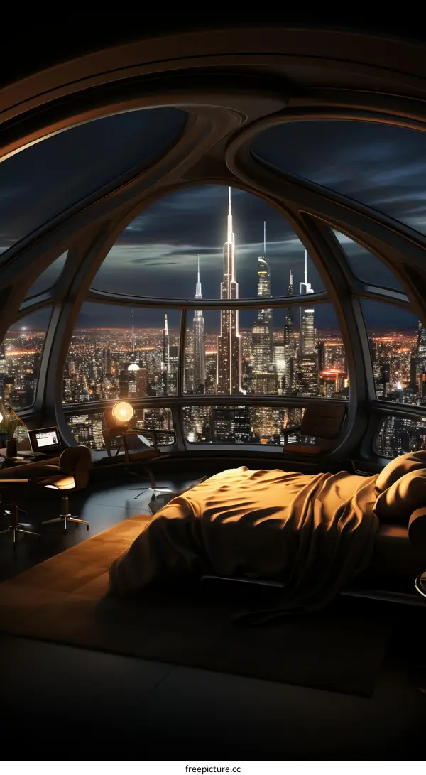 Futuristic bedroom with a view of the city at night