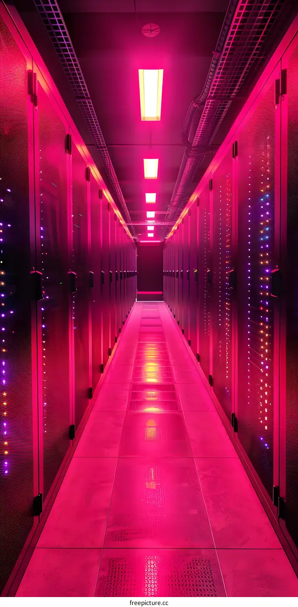 Pink Neon Lights Server Room Corridor