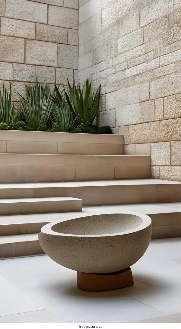 Stone Bowl on Steps in a Minimalist Courtyard