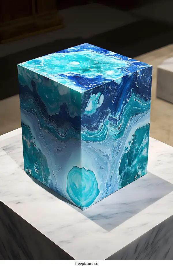 Blue and Green Abstract Marble Cube