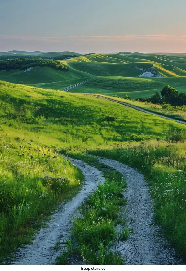 Countryside dirt road through the green hills