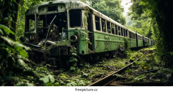 rusty abandoned green train in dense jungle