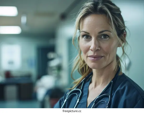 Confident female doctor or nurse in scrubs