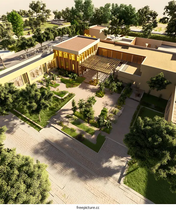 Aerial View of a Modern Building with a Courtyard