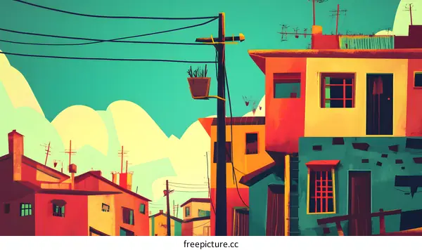 Colorful Illustration of Houses in a Small Town