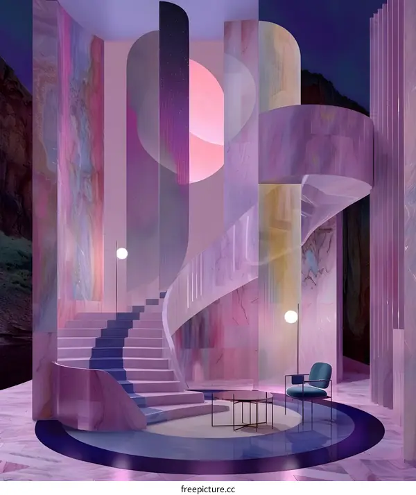 Abstract Interior Design With Curved Pink Marble Walls And Stairs