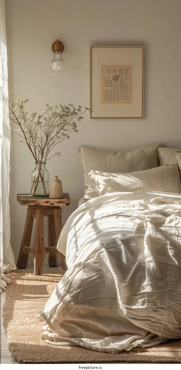 Minimalist Bedroom with White Bed, Wooden Stool, and Beige Rug