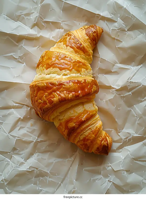 Golden Croissant on White Crumpled Paper