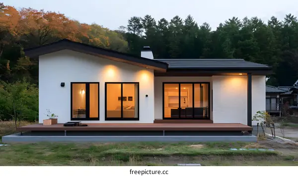 Modern White House with Large Windows and a Wooden Deck in Front of a Forest