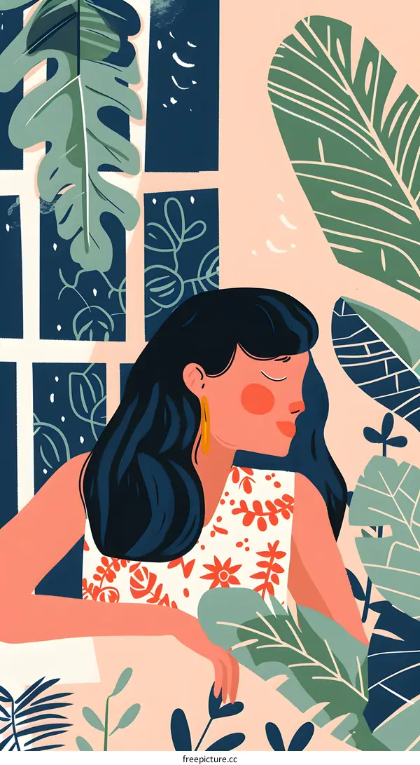 Woman with Long Black Hair Surrounded by Plants