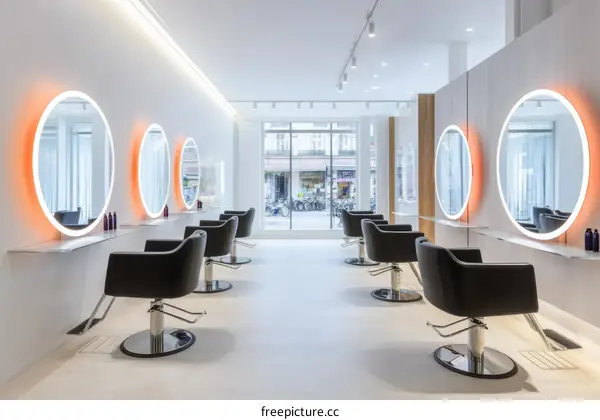 Modern Hair Salon Interior Design with Circular Mirrors