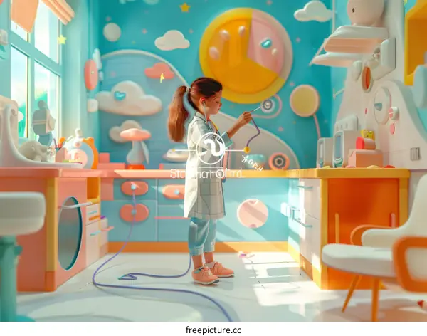 A little girl is playing doctor in a colorful room