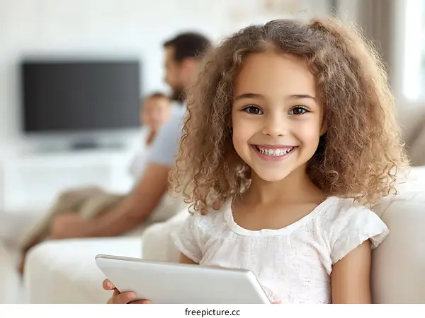 Happy Girl with Tablet in Living Room