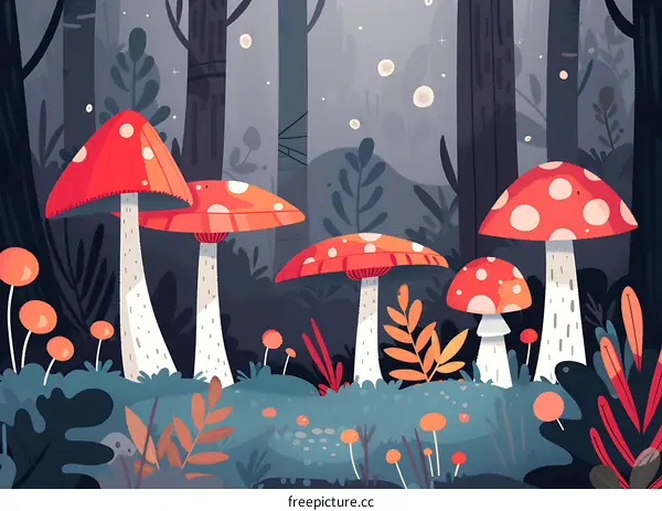Red Mushroom Illustration In The Dark Forest