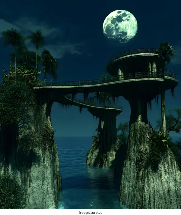 Fantasy Night Scene with Moonlit Bridge Over Cliffs