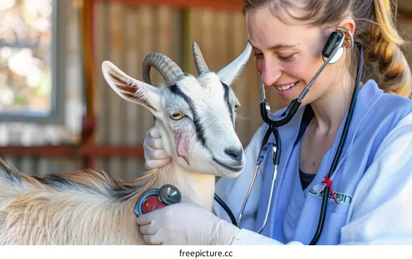 Smiling young Caucasian female veterinarian examining goat with stethoscope