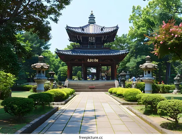 A photo of a Japanese temple with a long walkway leading up to it