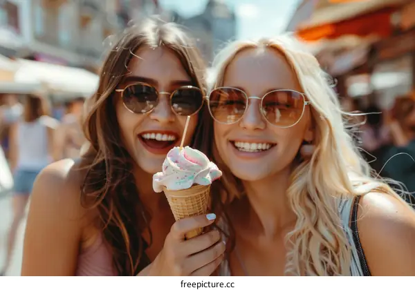 Two happy young women eating ice cream outdoors
