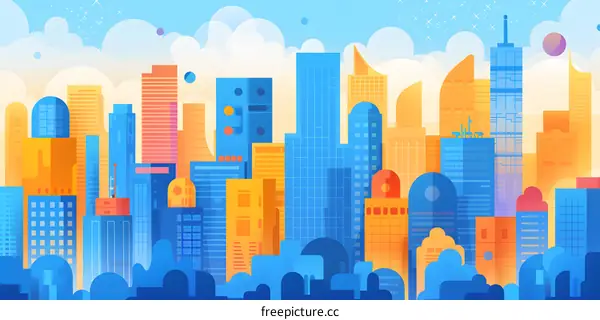 Colorful Cityscape Illustration with Skyscrapers and Clouds