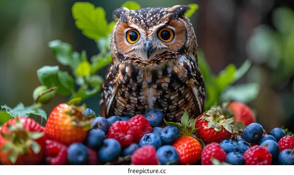 Owl Perched on a Pile of Raspberries