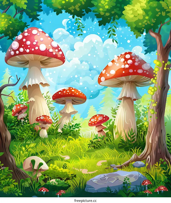 Fantasy Forest Illustration with Red and White Mushrooms