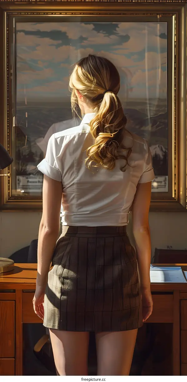 girl looking at painting in museum