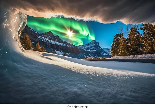 Snowy Mountain Range Under the Northern Lights