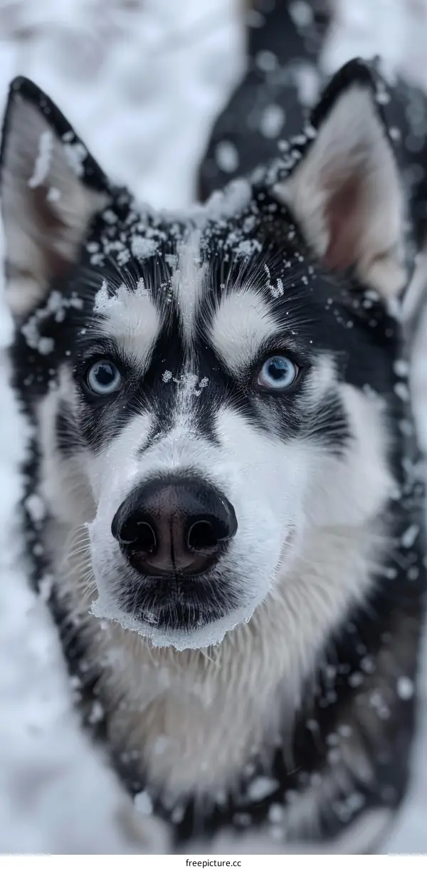 Siberian Husky Looks Up at the Falling Snow