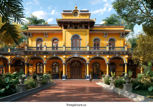 ornate yellow colonial mansion with arched entryway