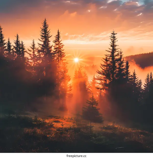 Golden Sunrise Over Misty Forest
