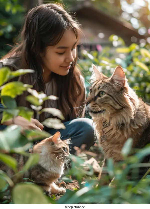 A young woman is petting two cats in the garden.