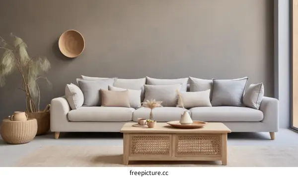 Minimalist Living Room with Sofa, Coffee Table, Rug & Plant