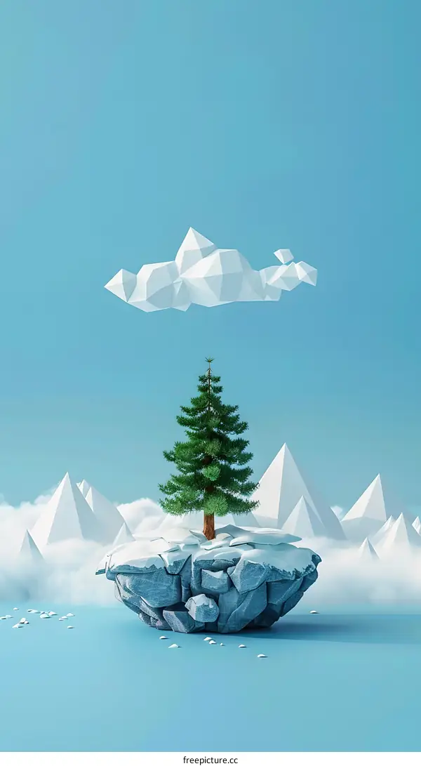 Minimalist 3D Illustration of a Pine Tree on a Rock Floating in the Sky