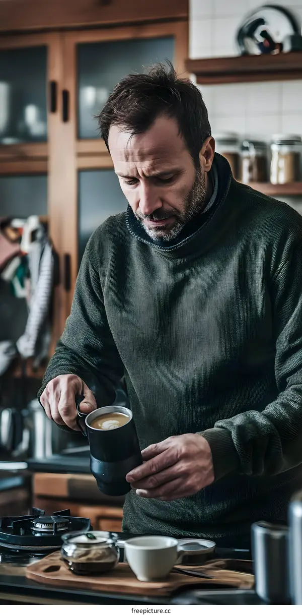Man Holding a Cup of Coffee in Kitchen
