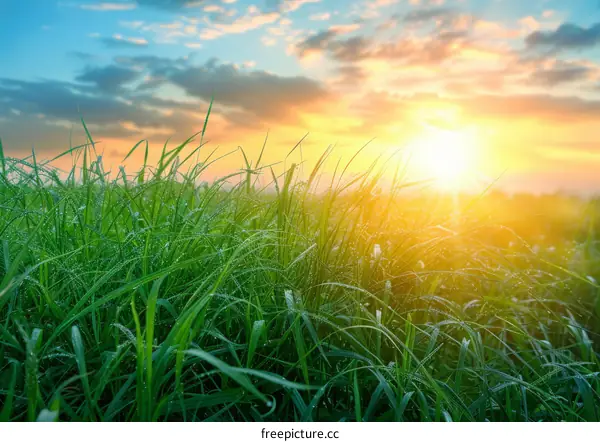 Green grass field with sunset in the background