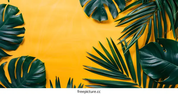 Green Tropical Leaves on Yellow Background