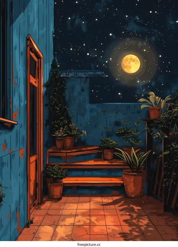 Moonlit Balcony with Plants and City View