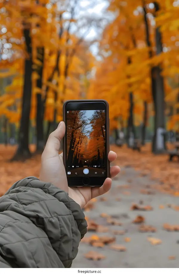 Hand Holding a Phone Taking Pictures of Autumn Trees
