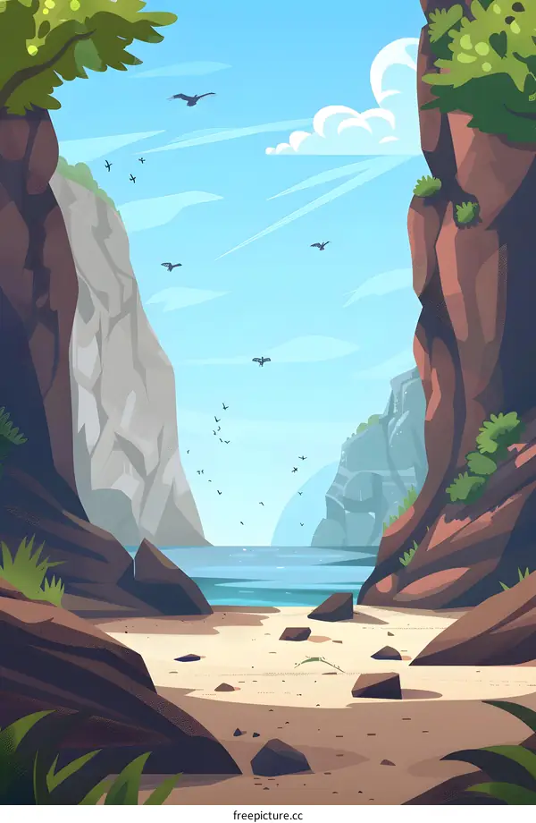 Sea View Between Cliffs With Birds Flying