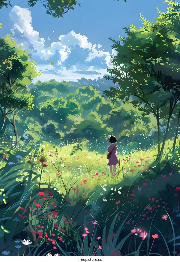 Girl in a Purple Dress Standing in a Field of Flowers