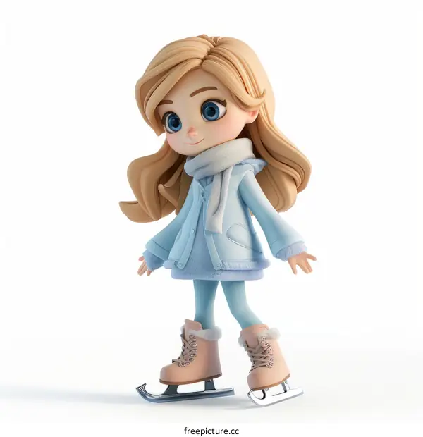 Cute cartoon girl ice skating in winter clothes