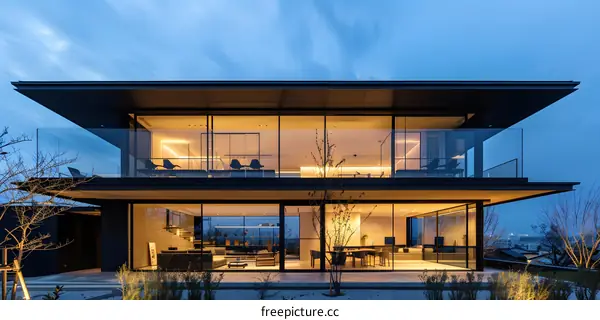 Modern Architecture Home with Glass Walls and Balcony