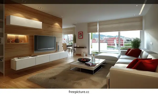 Minimalist Living Room with Wood Wall and White Furniture