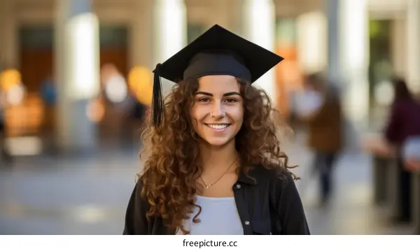 A young woman in a graduation cap smiling