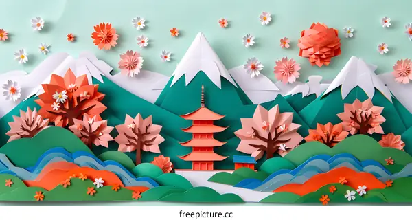 Papercraft Landscape with Cherry Blossom Trees and Pagoda