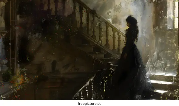 A woman in a black dress is walking up a grand staircase.