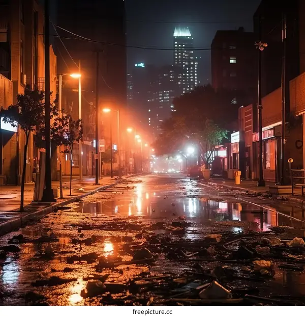 Flooded city street with debris and abandoned cars at night
