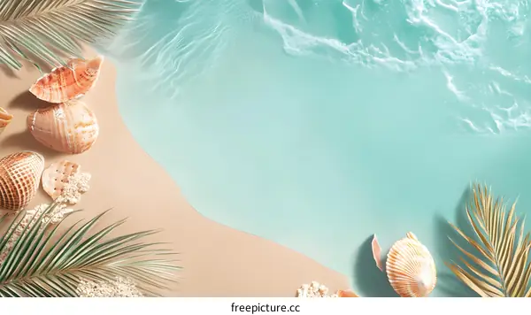Seashells and Palm Leaves on a Sandy Beach with Ocean Water